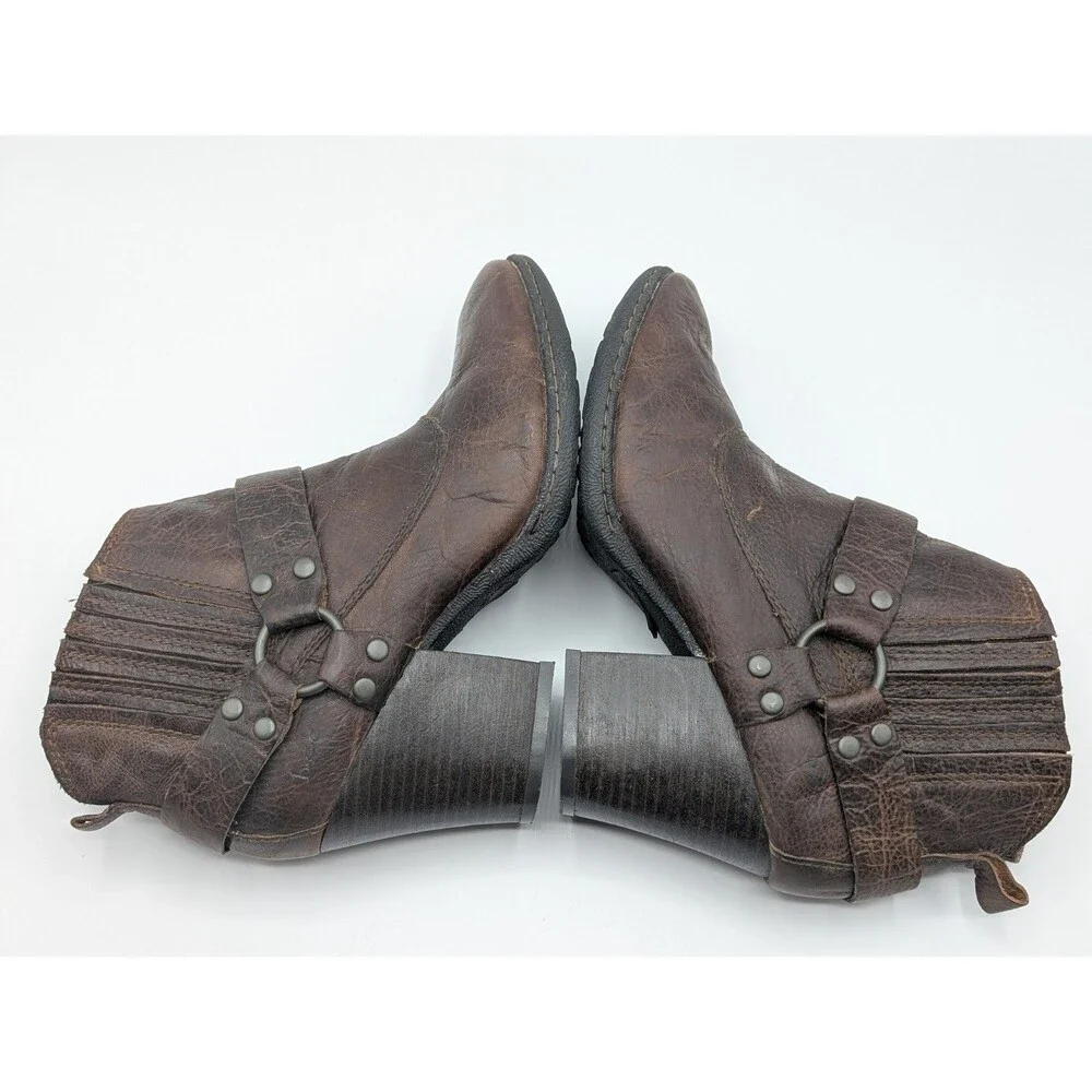 B.O.C Ankle Boots Women 8 Brown Leather Harness Block Heel Ring Buckle Strap